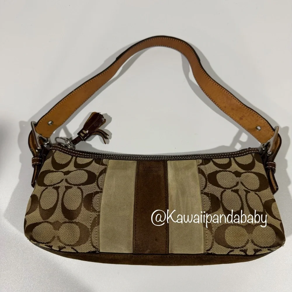 Vintage Coach Signature Brown Suede Stripe Monogram Demi Baguette Shoulder Bag - Picture 2 of 13